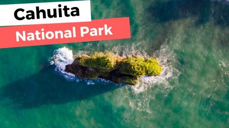 Aerial view of a small rocky island covered in lush greenery at Cahuita National Park, Costa Rica.